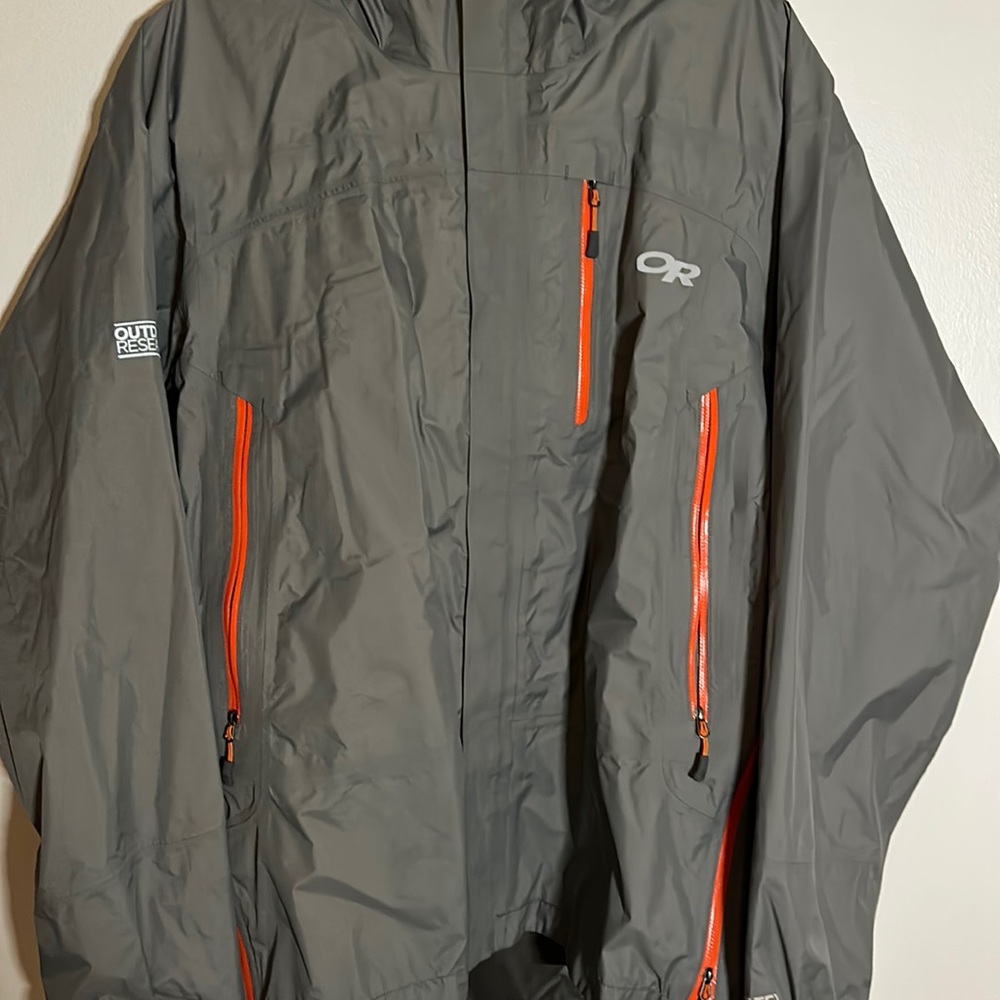 Outdoor Research Jacket Mens Med Gray Rain Windproof Coat Full Zip Hooded